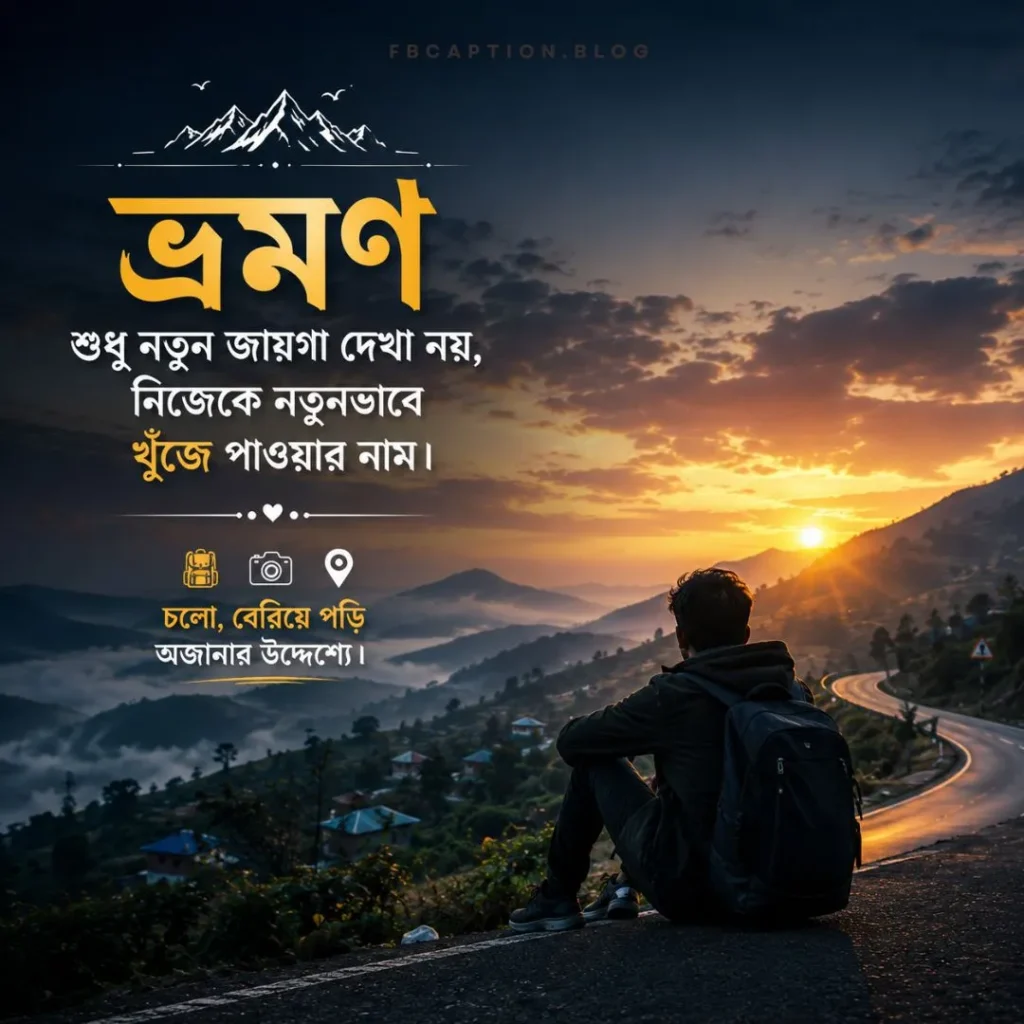 এই আর্টিকেলে আপনি পাবেন ২০২৬ সালের সেরা ভ্রমণ নিয়ে স্ট্যাটাস, ট্রাভেল উক্তি, ভ্রমণ নিয়ে ক্যাপশন, Travel Caption Bangla, Travel Quotes Bangla, Facebook Travel Caption, Instagram Travel Caption, প্রকৃতি ভ্রমণ নিয়ে ক্যাপশন, ট্যুর স্ট্যাটাস